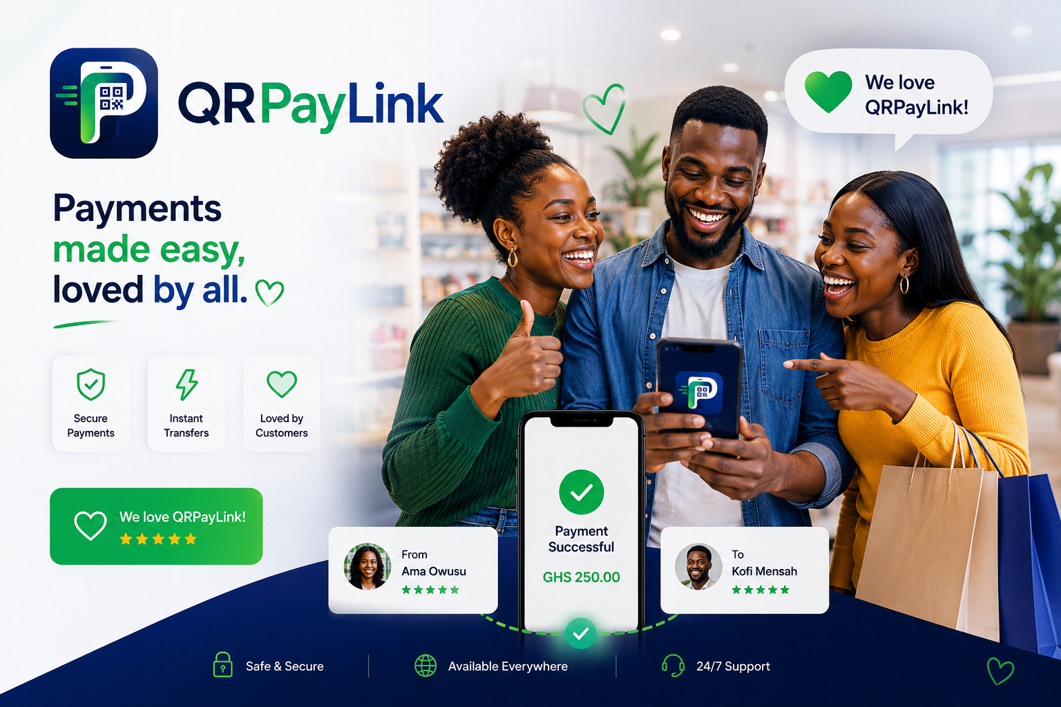 QRPayLink customers — Payments made easy, loved by all. Five-star reviews from Ama Owusu and Kofi Mensah.