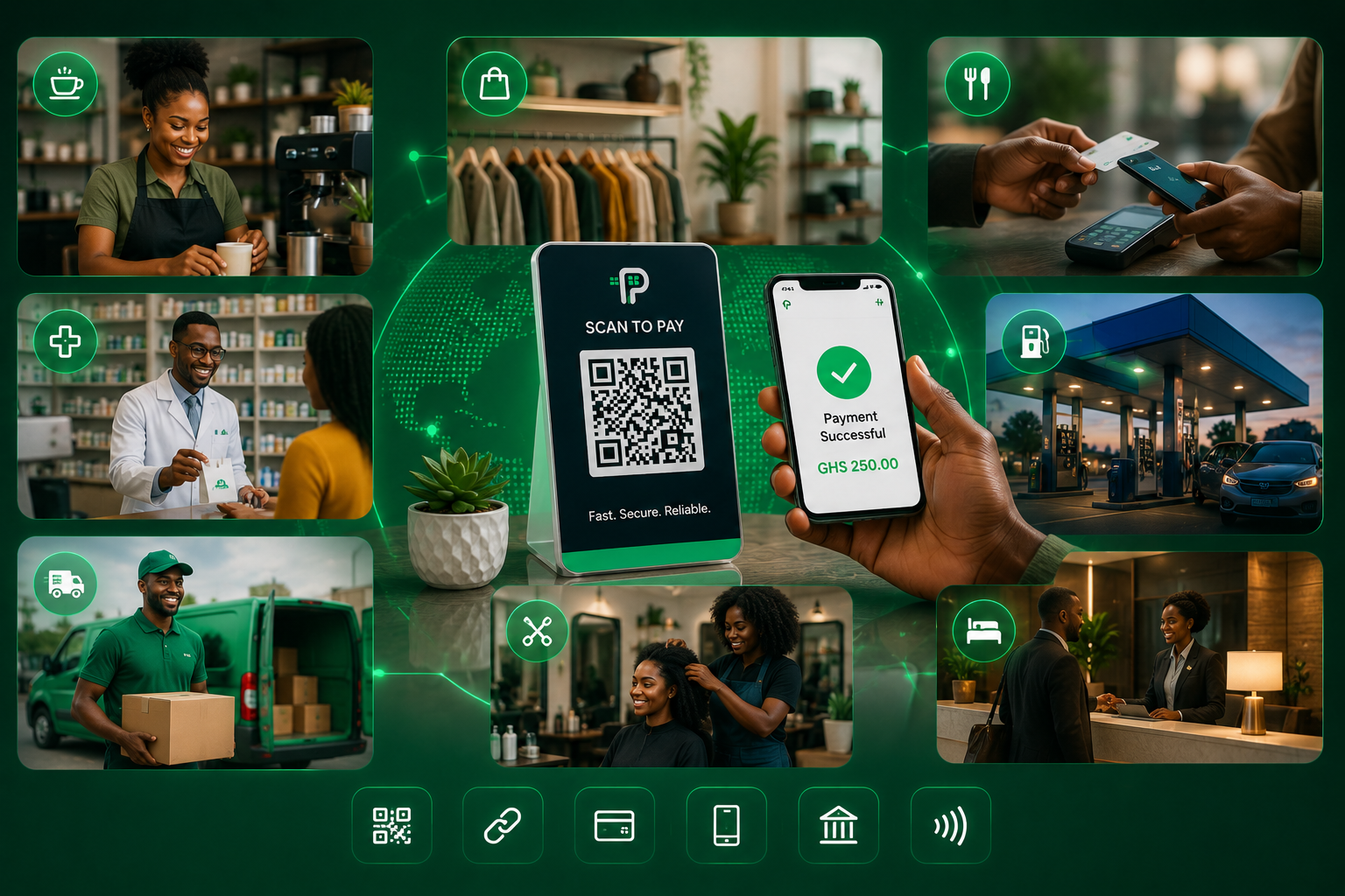 QRPayLink in action — sending GHS 250 and ₦15,000 between merchants and customers