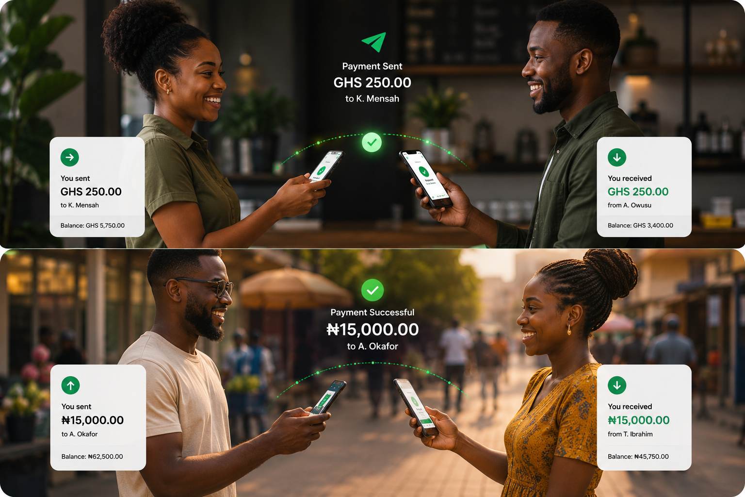 QRPayLink mobile app — Pay. Connect. Grow. Total balance, scan to pay, recent transactions, 2,000+ active businesses