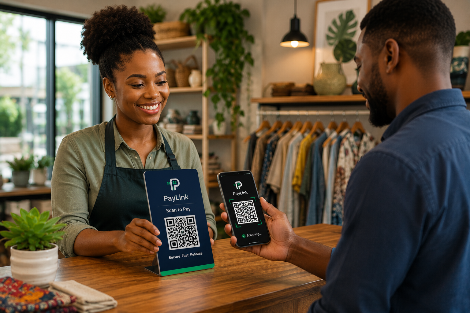 Customer scanning a QRPayLink QR at a boutique